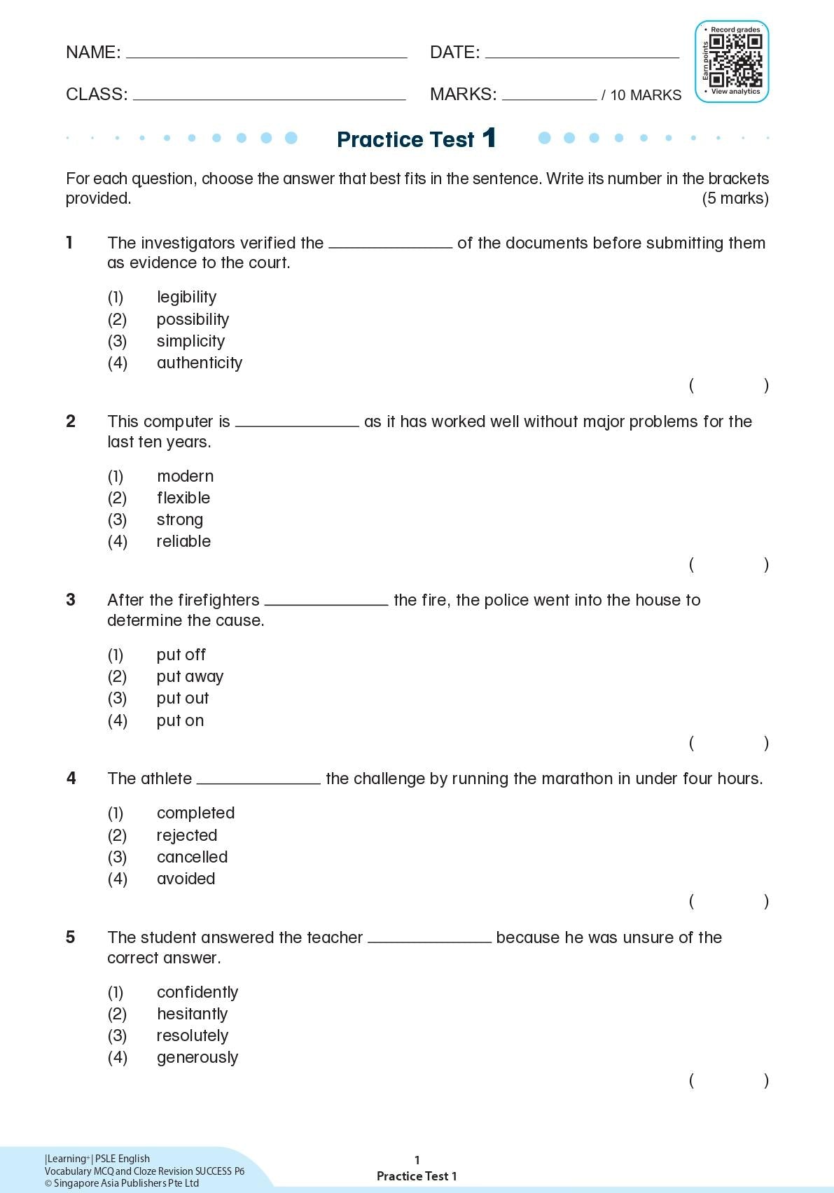 LEARNING+ PSLE ENGLISH VOCABULARY Multiple-choice Questions and CLOZE Revision SUCCESS Primary 6
