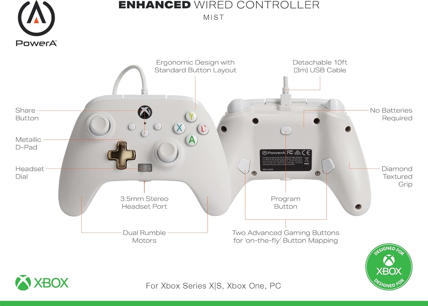 PowerA Enhanced Wired Controller for Xbox Series X|S, Xbox One, Windows 10/11, White - Mist (Officially Licensed)