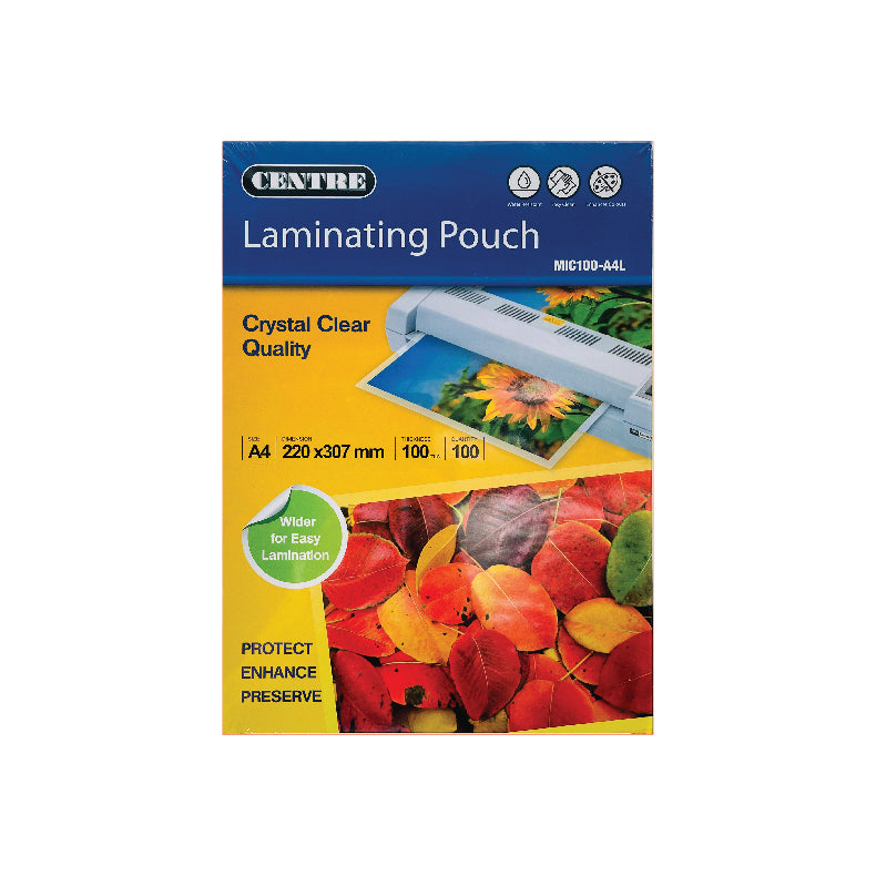 Centre Laminating Pouch A4 220x307mm 100mic 100s 
