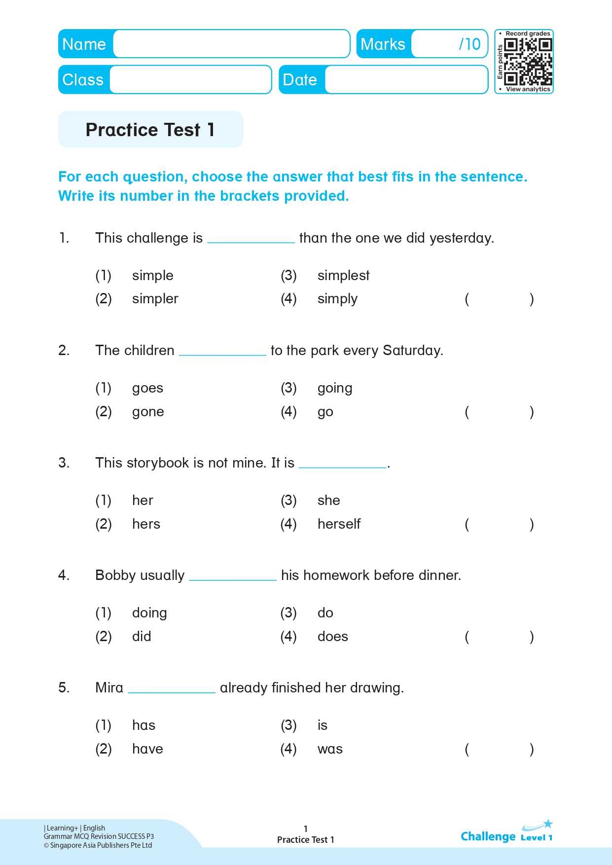 LEARNING+ ENGLISH GRAMMAR Multiple-choice Questions Revision SUCCESS Primary 3