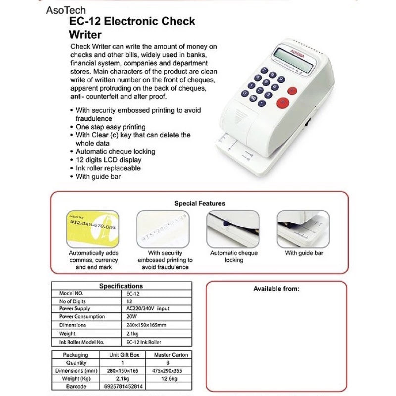 Aurora Cheque Writer EC12 - Come with Free Ink Roller