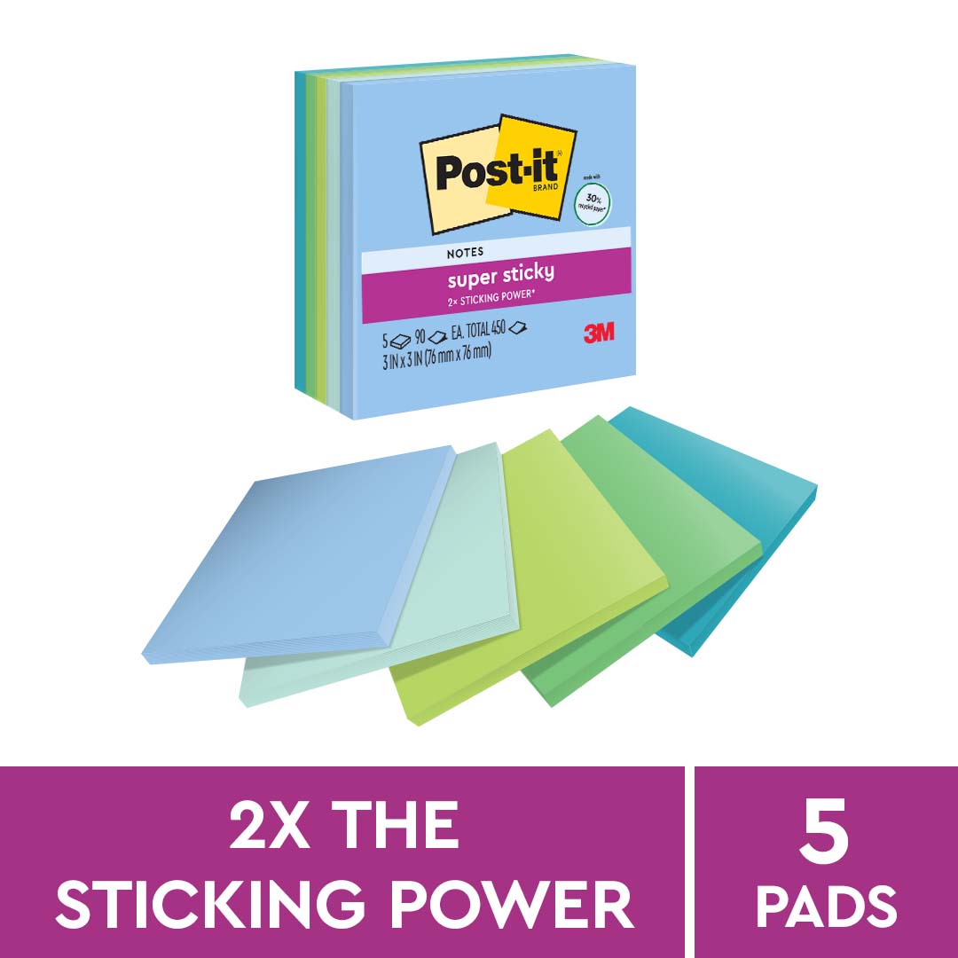 Post-it® 654-5SST Super Sticky Recycled Notes, 3x3"