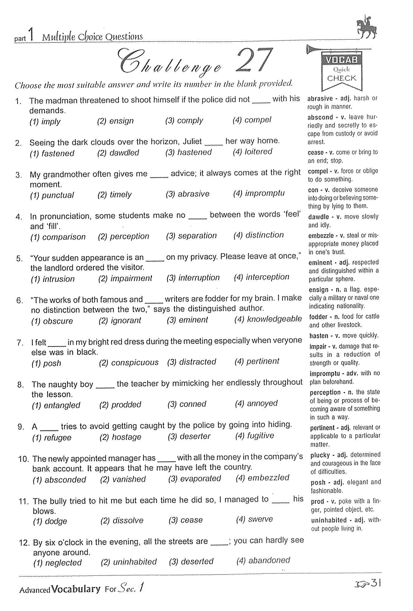 Secondary 1 Advanced Vocabulary