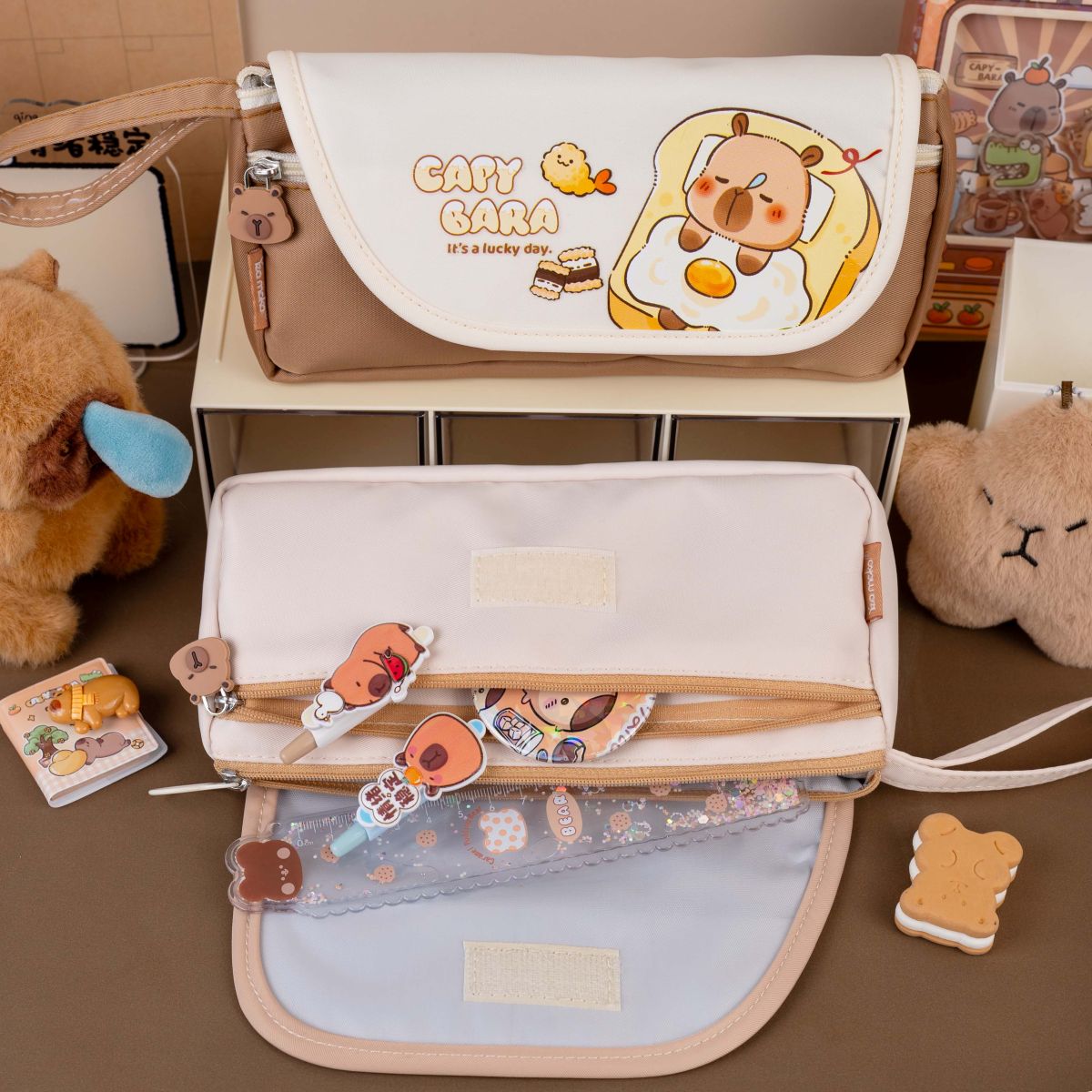 Assorted Pencil Bag W 2 Zip Capybara