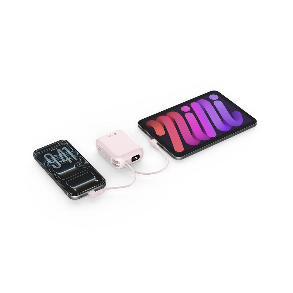 Mazer PowerCharge Nano Duo 10,000mAh PD35W Power Bank with Built-in Dual USB-C Cables (CCC + QR) - Pink
