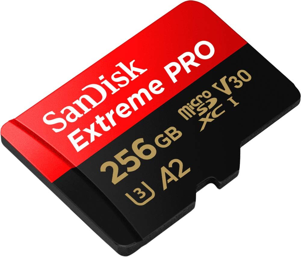 SanDisk Extreme Pro microSDXC UHS-I Memory Card with SD Adaptor, 256GB, V30, U3, C10, A2, 200MB/s R, 140MB/s W, Multicolor (SDSQXCD-256G-GN6MA)