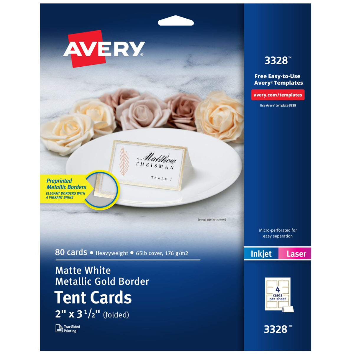 Avery Tent Cards-gold Border 8s 3328