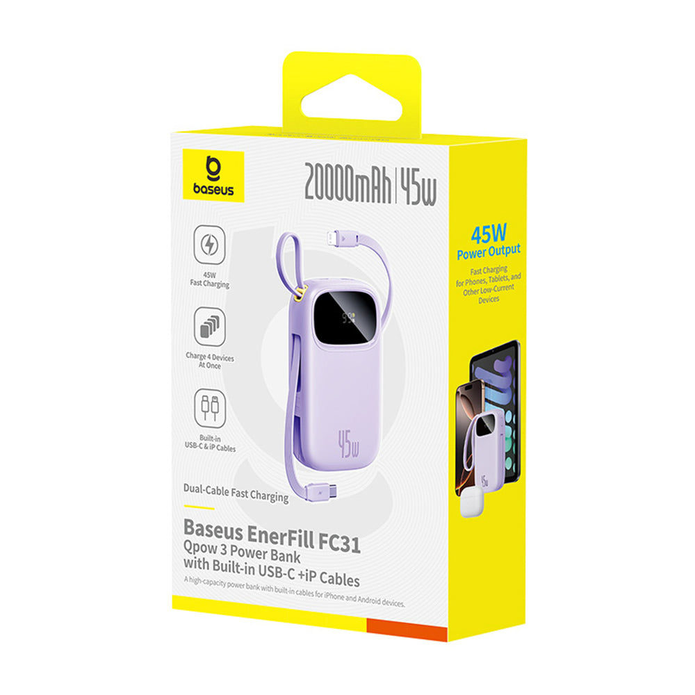 Baseus EnerFill FC31 20000mAh 45W Power Bank with Display with USB-C and Lightning Cables - Purple