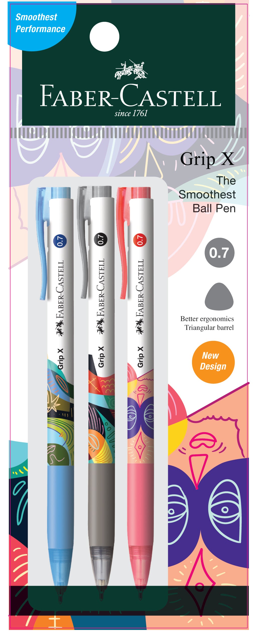 Faber-Castell Grip X7 Ball Point Pen 0.7mm, Blue + Black + Red in Poly Bag-547408