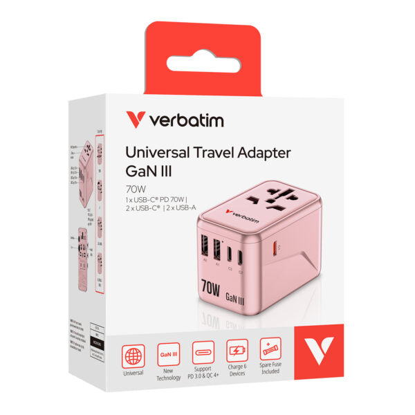 Verbatim GaN III 5-Port 70W Universal Travel Adapter (UTA-09) - Pink