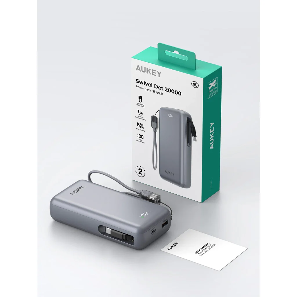 Aukey PB-Y94 Swivel Det 65W 20000mAh Fast Charging Power Bank with Detachable Cable [3C | CCC Certified] Grey