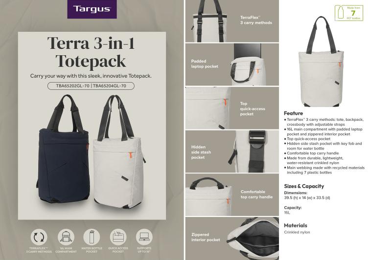 Targus TBA65202GL-70 16” Terra 3-in-1 Totepack - Blue