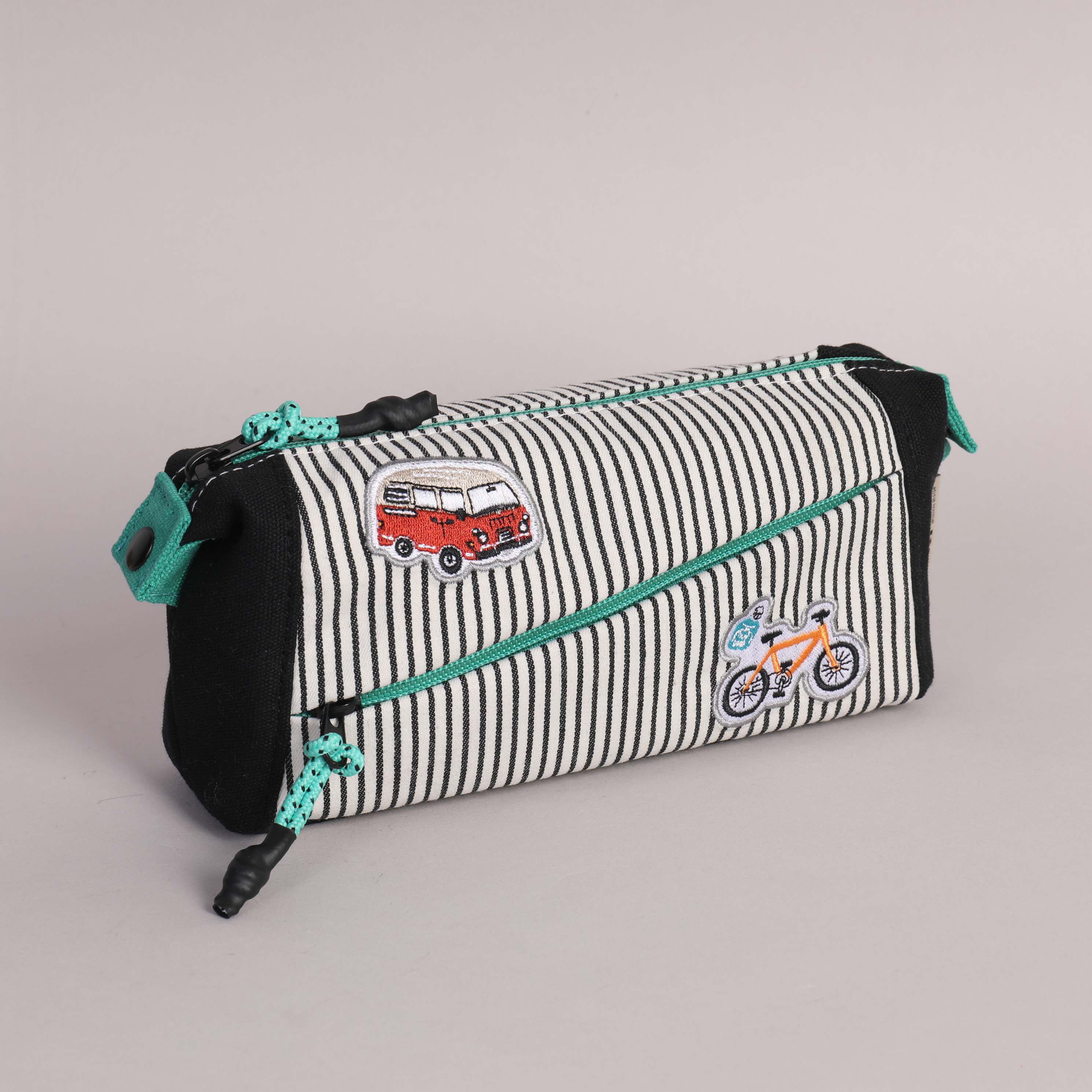 Double Zip Pencil Bag with Embroidery Patch -  Black Strip