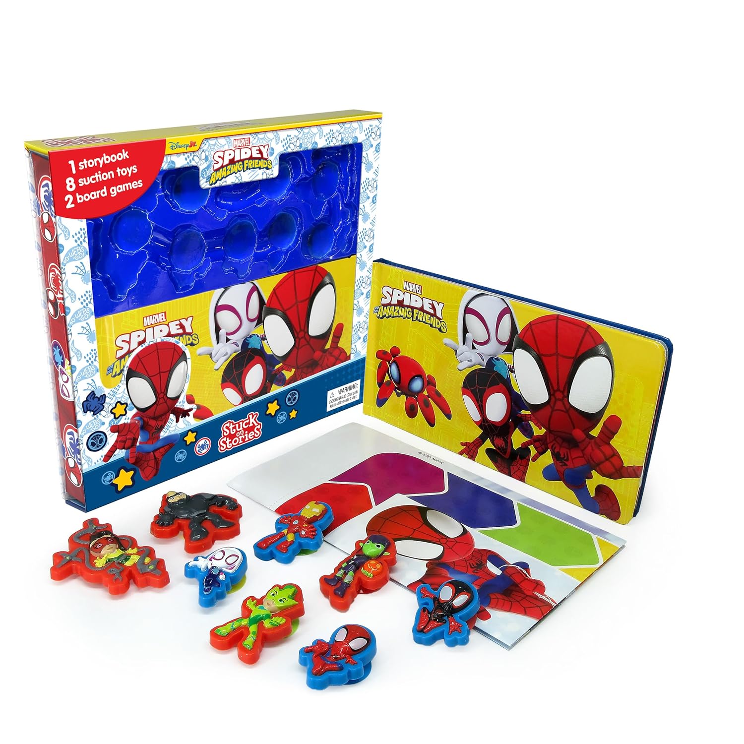 Marvel Spidey and his Amazing Friends Stuck on Stories (16-Page Storybook, 8 Toy Suction Cups, 2 Board Games) Board Book – Picture Book