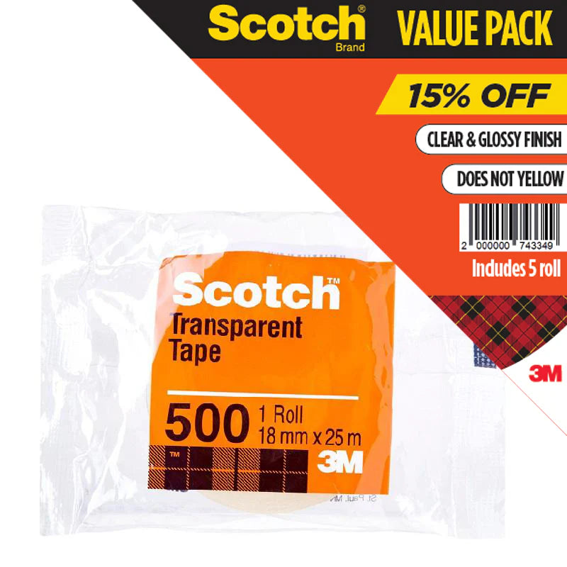 Scotch® 500 Bundle Of 5, Utility Transparent Tape Value Pack, 18mm X 25m