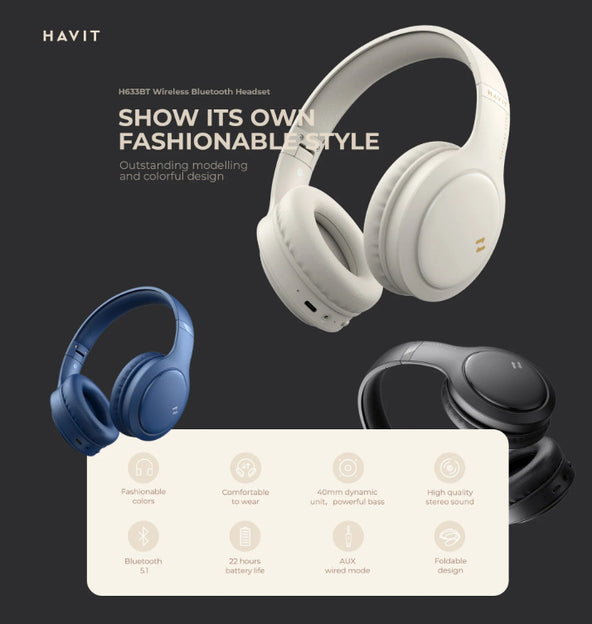 HAVIT H633BT Foldable Wireless Bluetooth Foldable Headphones 22h Playtime NEW