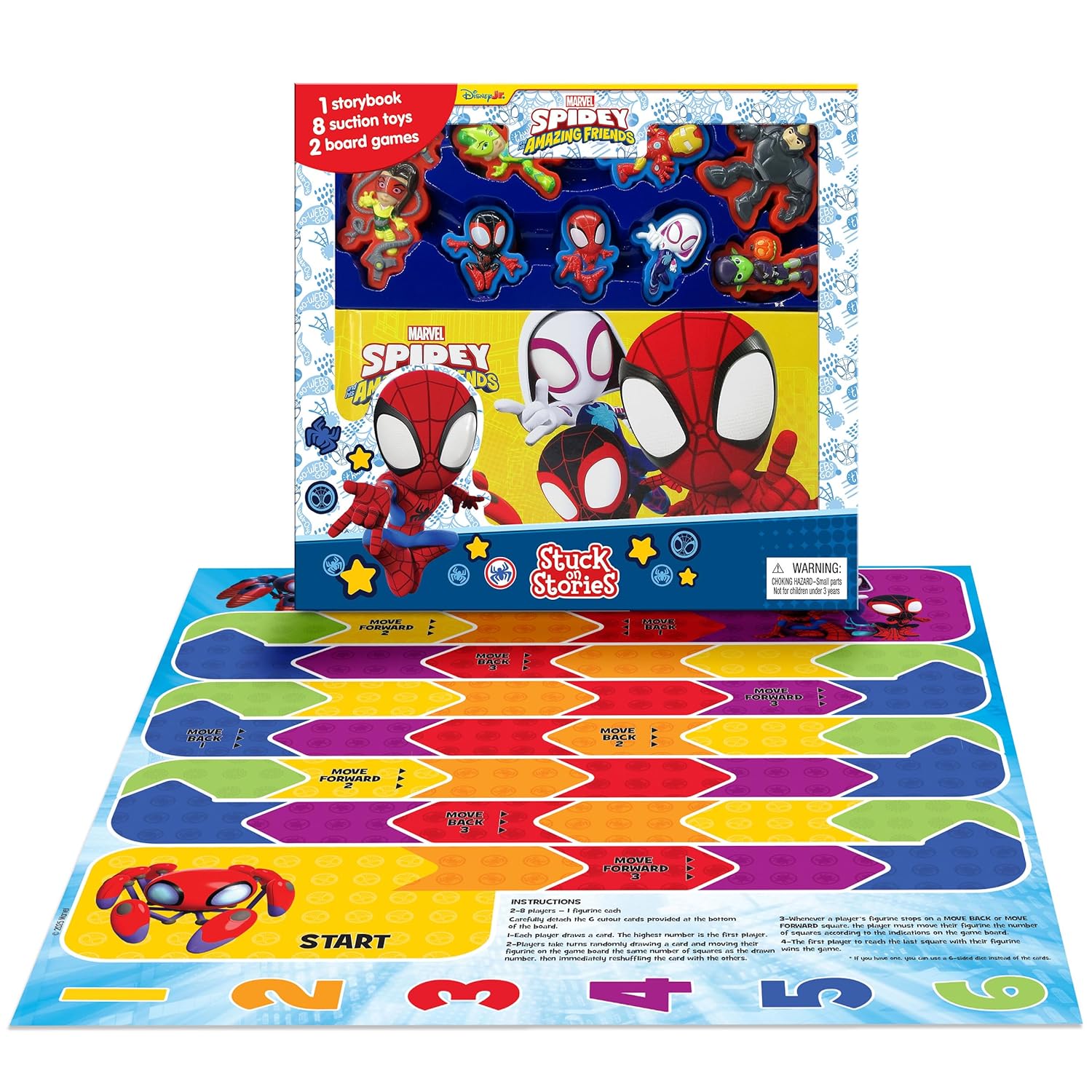 Marvel Spidey and his Amazing Friends Stuck on Stories (16-Page Storybook, 8 Toy Suction Cups, 2 Board Games) Board Book – Picture Book