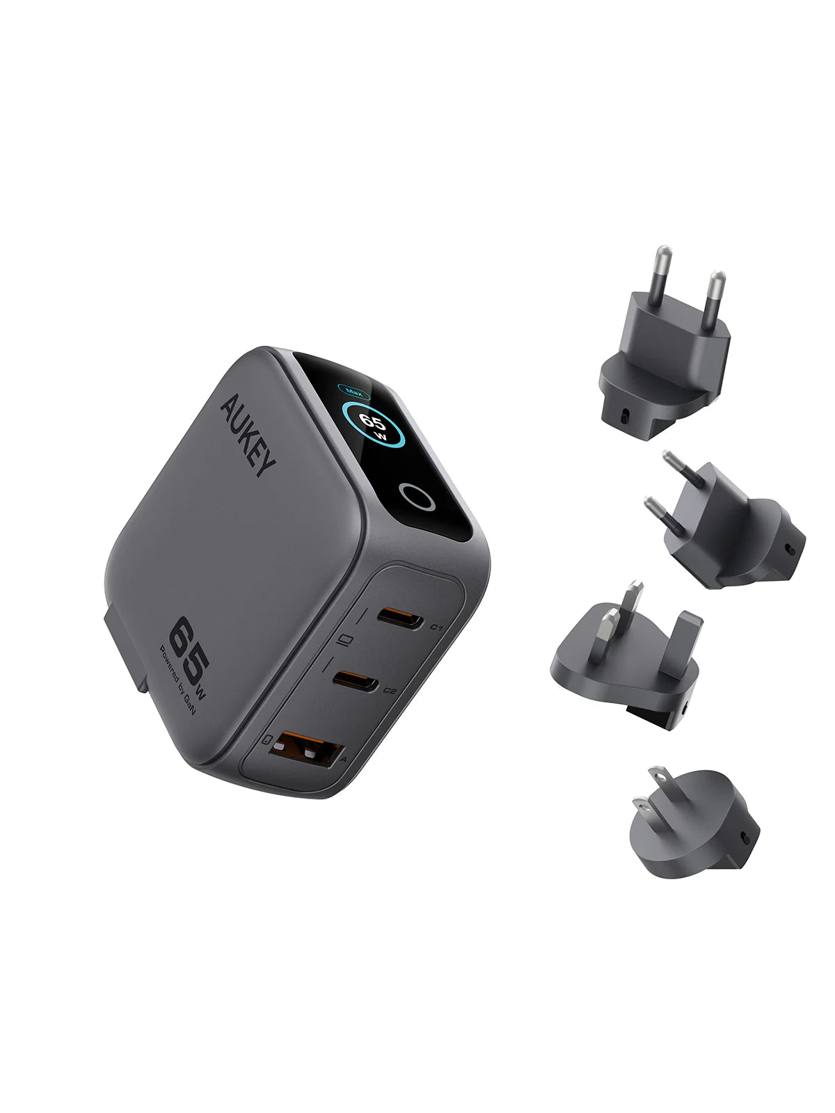 Aukey PA-B8U Nova PinS 65W GaN Wall Charger Smart Display EU UK US TH Interchangeable Plugs