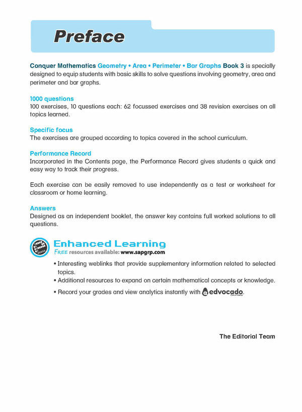 Conquer Mathematics Geometry . Area . Perimeter . Bar Graphs Workbook 3