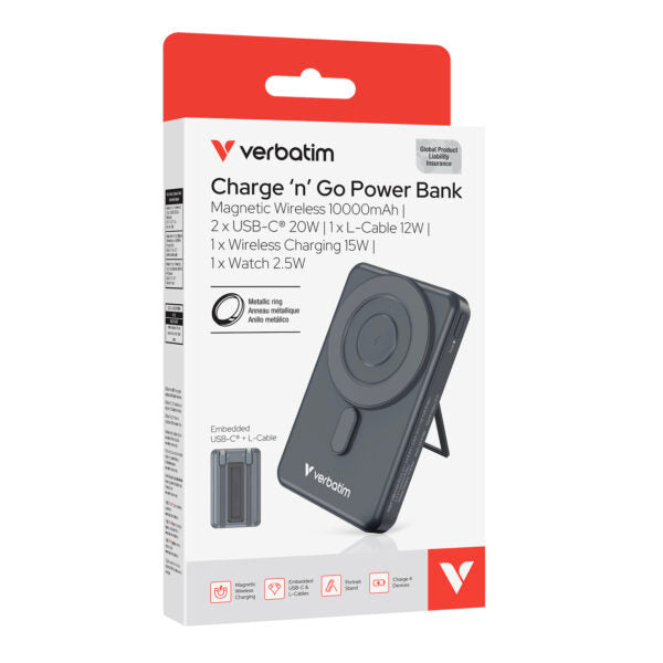 Verbatim 5-in-1 Charge ‘n’ Go 10000mAh Magnetic Wireless Power Bank - Grey