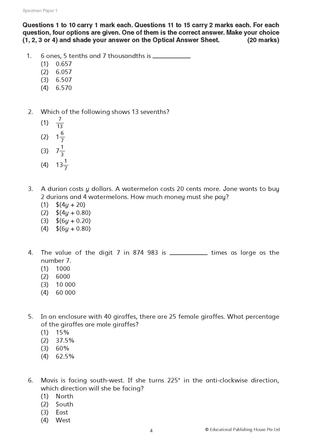 Psle Maths Specimen Papers