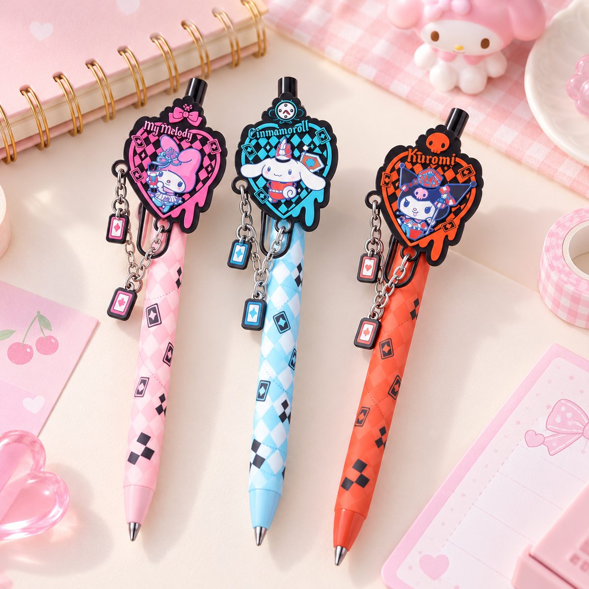 Sanrio 0.5mm Black Ink Gel Pen With Chain - 3 Assorted Designs 