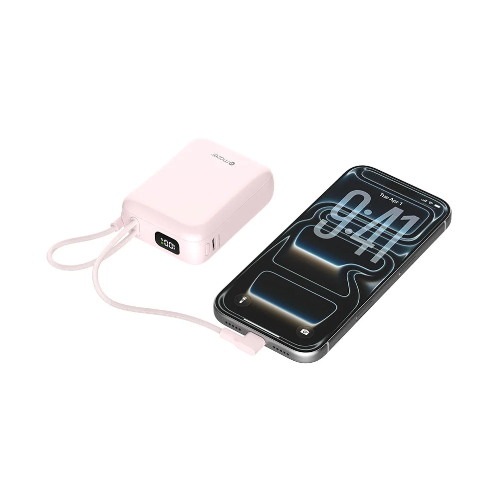 Mazer PowerCharge Nano Duo 10,000mAh PD35W Power Bank with Built-in Dual USB-C Cables (CCC + QR) - Pink