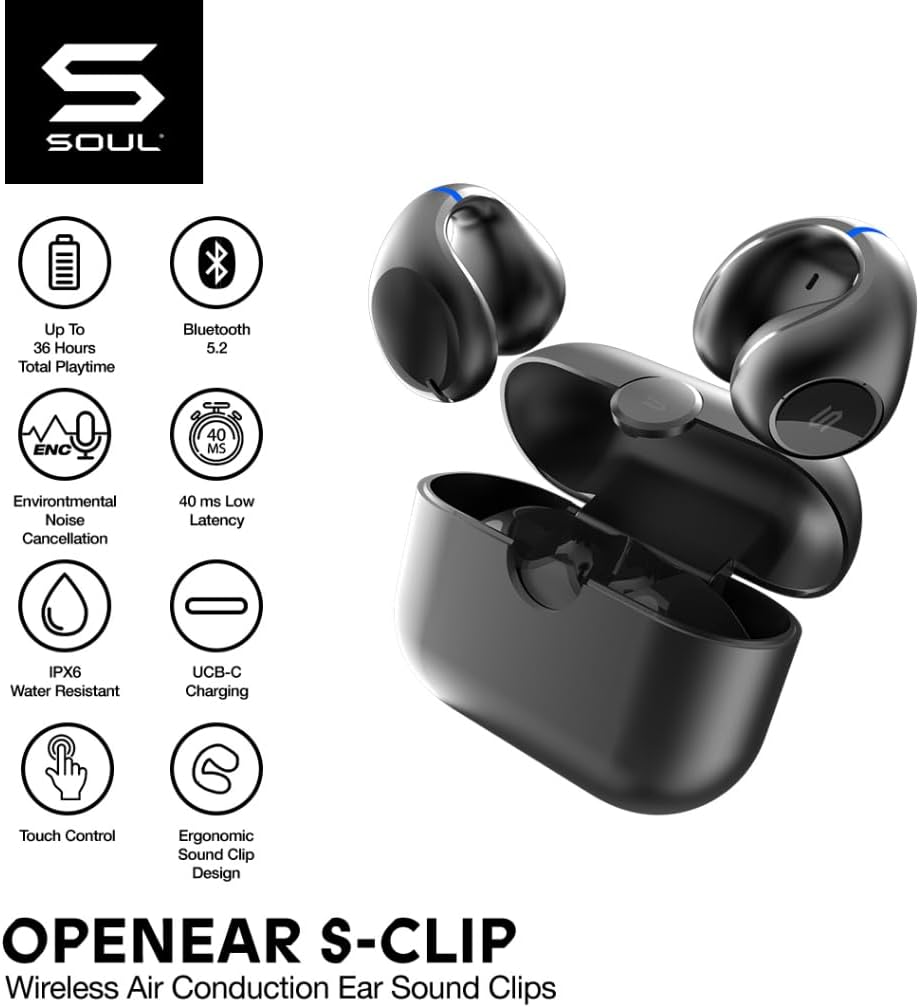 Soul OPENEAR S-Clip On Earphones with Air Conduction, Open-Ear Earbuds, Clip-On Headphones, Environmental Noise Cancelling, 36HPlay, Low Latency Entertainment Mode - for Active and Office Use (Black)