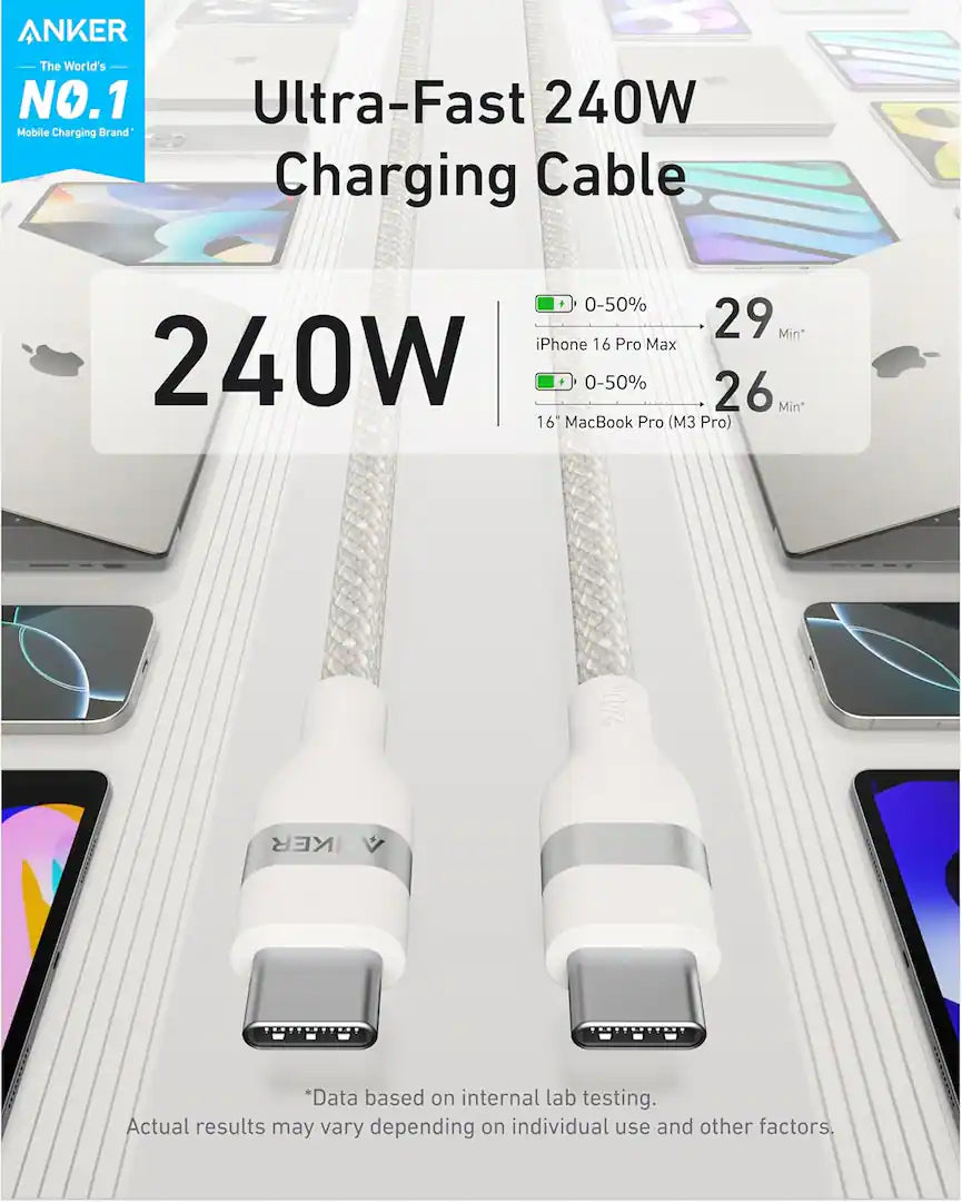 Anker Nano USB C Cable Softline 240W Flexible Multi-Color Braided Cord - White