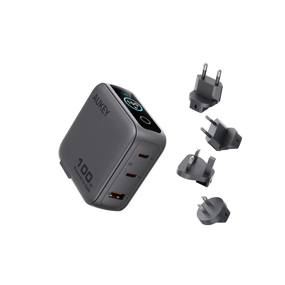 Aukey PA-B9U Nova PinS 100W GaN Wall Charger with Interchangeable Plugs (Grey)