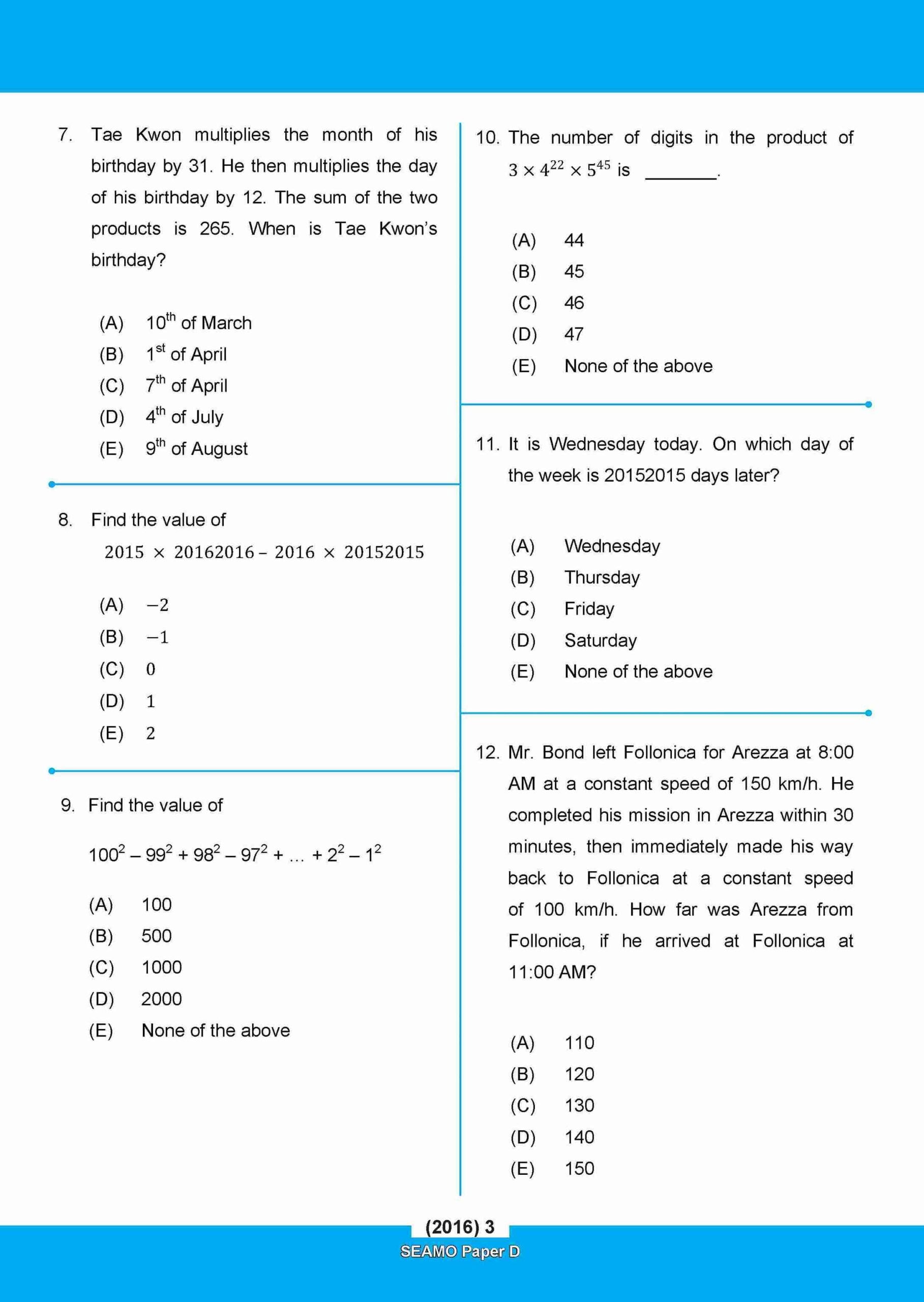 Secondary 1&2 SEAMO Math Olympiad International Competition Preparation Paper D (SEAMO 2016-2024 + SEAMO X 2019-2025)