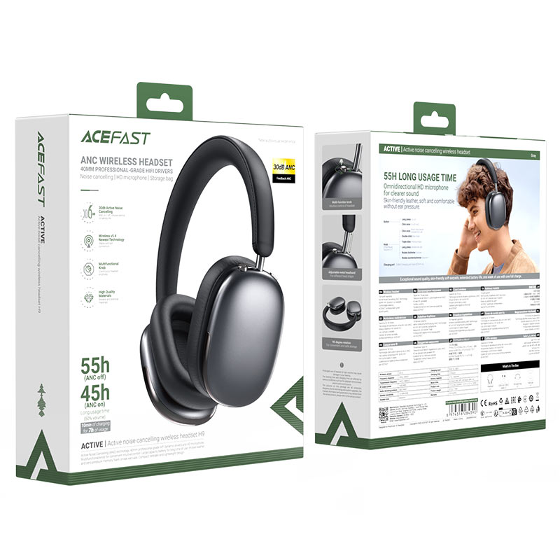 Acefast H9 Active Noise Cancelling Wireless Headset – Black 