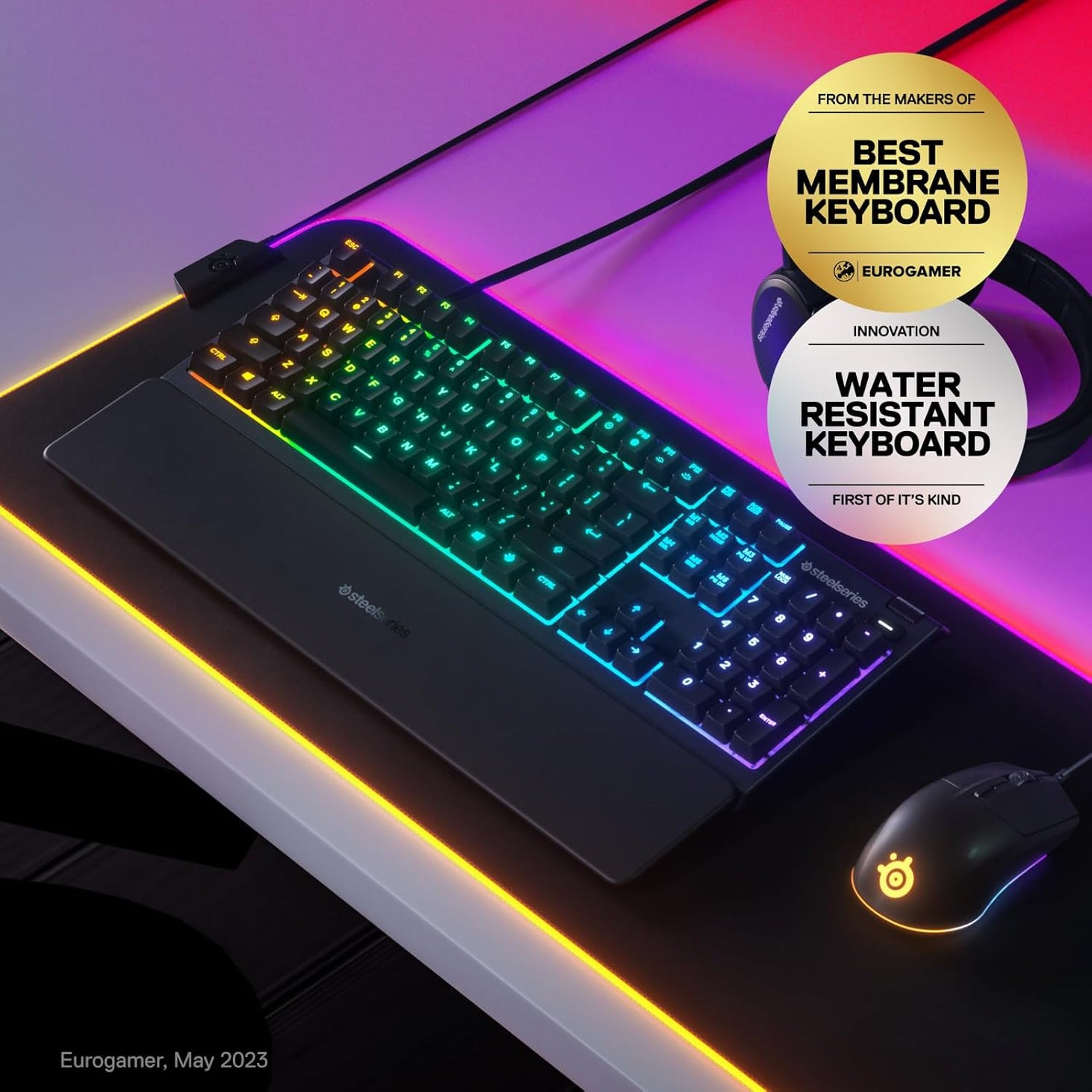 SteelSeries Apex 3 RGB Gaming Keyboard – 10-Zone RGB Illumination – IP32 Water Resistant – Premium Magnetic Wrist Rest (Whisper Quiet Gaming Switch),Black,64812