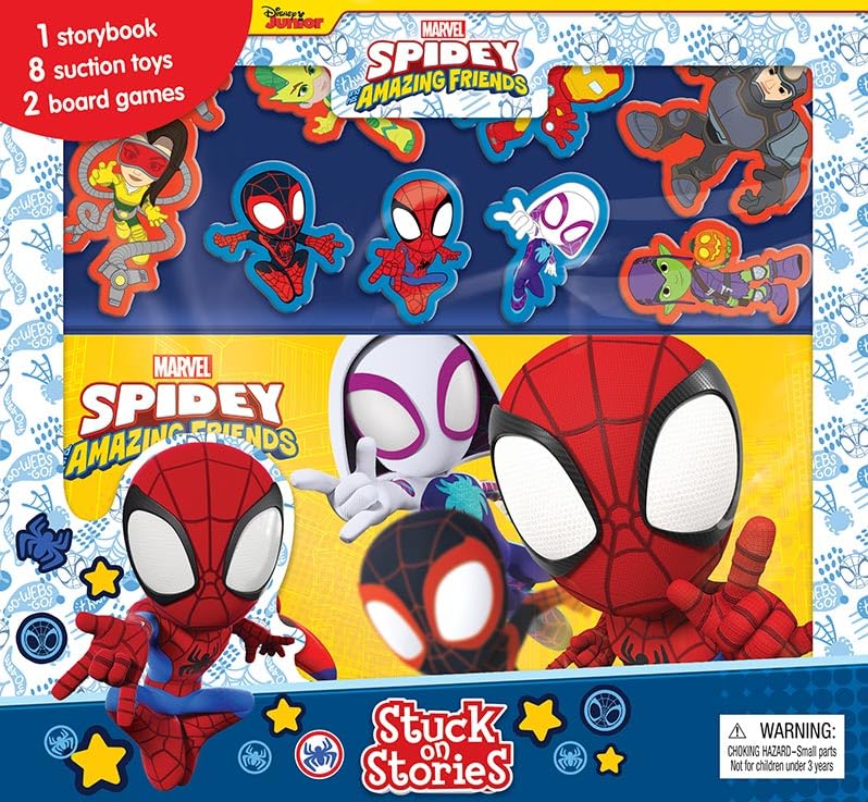Marvel Spidey and his Amazing Friends Stuck on Stories (16-Page Storybook, 8 Toy Suction Cups, 2 Board Games) Board Book – Picture Book