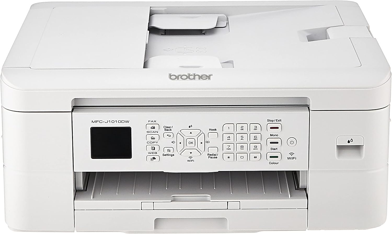 Brother MFC-J1010DW - A4 All-in-One Color Ink Cartridge Printer. Print/Scan/Copy/Fax. Auto 2-sided print. WiFi. Apple Airprint™ and WiFi Direct. White color