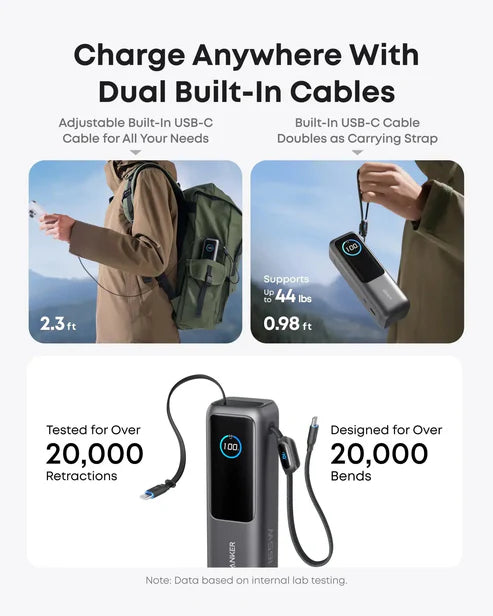Anker Power Bank 25000mAh 165W Ultra-Fast Portable Charger with Built-In and Retractable USB C Cables A1695