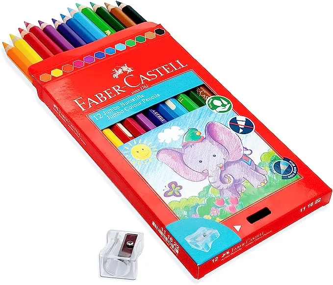 Faber-Castell Jumbo Colour Pencils with Sharpener 6.0mm, 12 Colours Long-111622