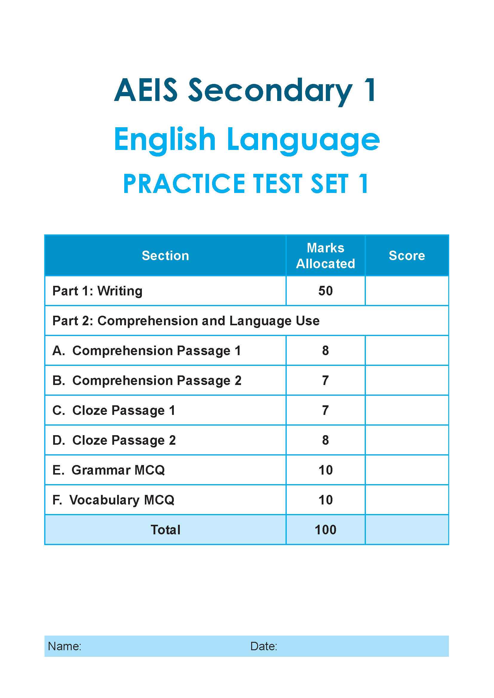 AEIS Practice Tests ENGLISH – Secondary 1 (12 to 14+ Years)