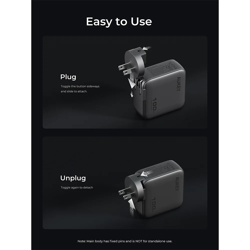 Aukey PA-B9U Nova PinS 100W GaN Wall Charger with Interchangeable Plugs (Grey)