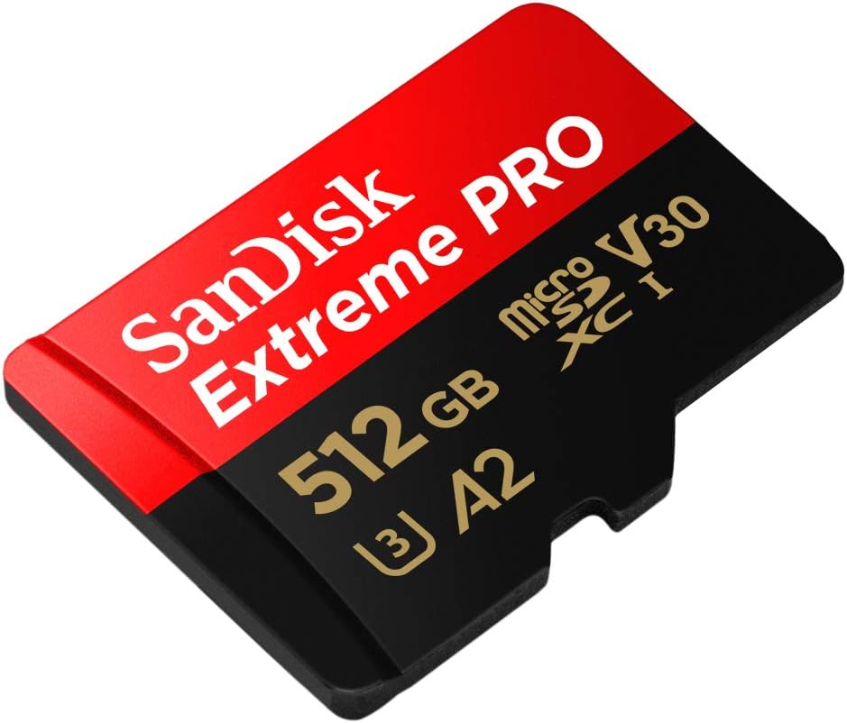 SanDisk Extreme Pro microSDXC UHS-I Memory Card with SD Adaptor, 512GB, V30, U3, C10, A2, 200MB/s R, 140MB/s W (SDSQXCD-512G-GN6MA)