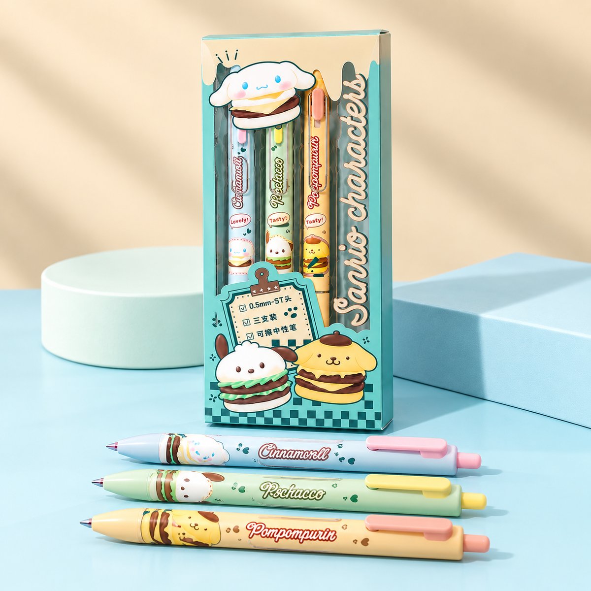  Sanrio Characters Burger Erasable Gel 3pcs Pen Set - 2 Assorted Designs 
