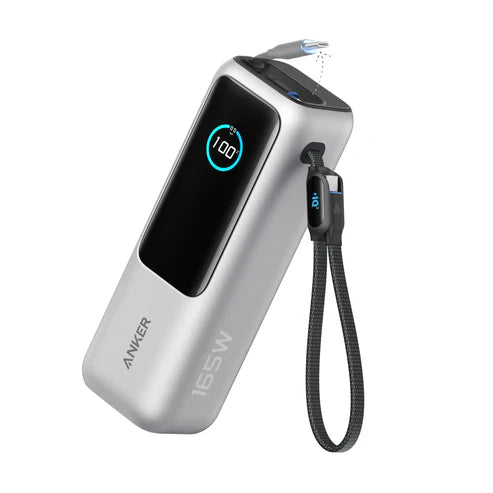 Anker Power Bank 25000mAh 165W Ultra-Fast Portable Charger with Built-In and Retractable USB C Cables (Silver)