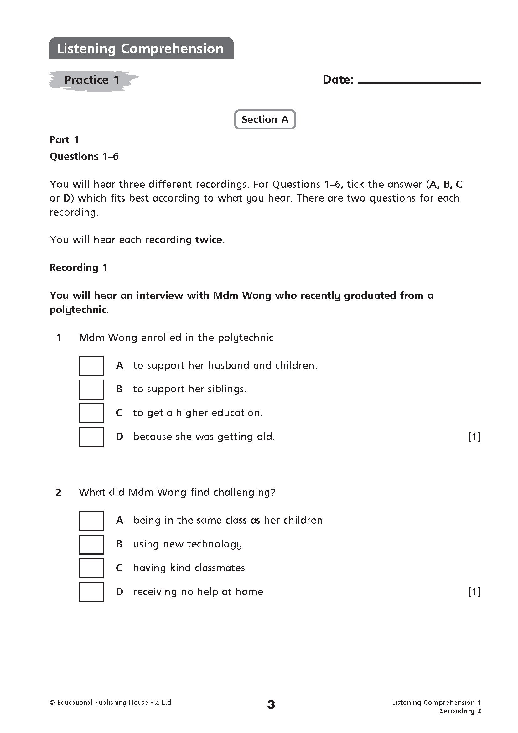 Secondary 2/G3 English Listening Comprehension And Oral Communication