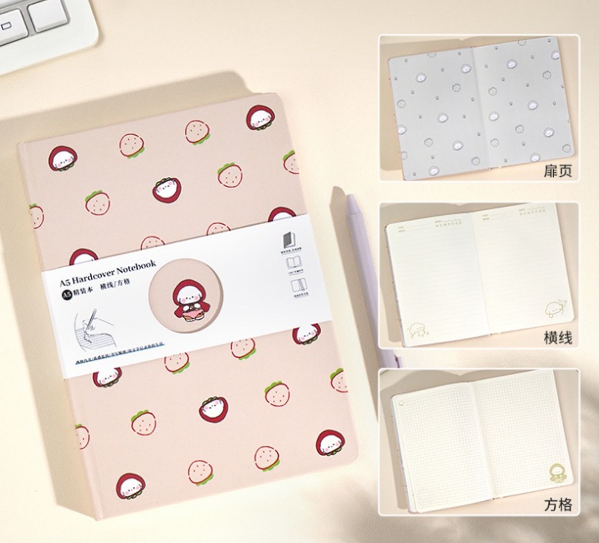 A5 Hard Cover Notebook Bear Strawberry Pink
