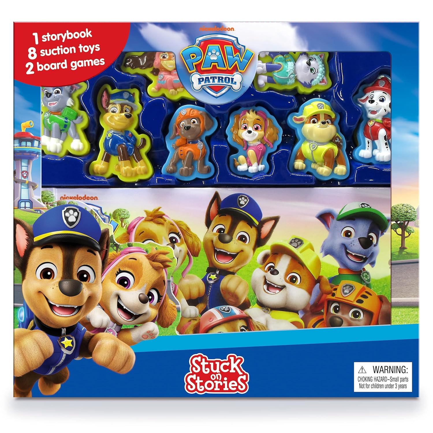 Paw Patrol Stuck on Stories - Activity Books for Kids (16-Page Storybook, 8 Toy Suction Cups, 2 Board Games) Novelty Book – Picture Book
