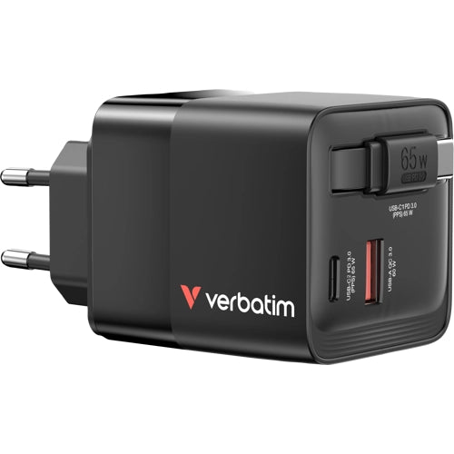 Charger Verbatim 3port 65w GaN Retractable