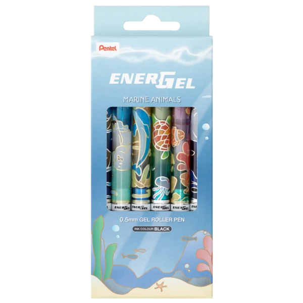 Pentel Energel Marine Animals Retractable Gel Pen 0.5mm – Ocean Limited Edition Series (Blue/Black Ink) -6 Design Set (BLN75OA-6ST)