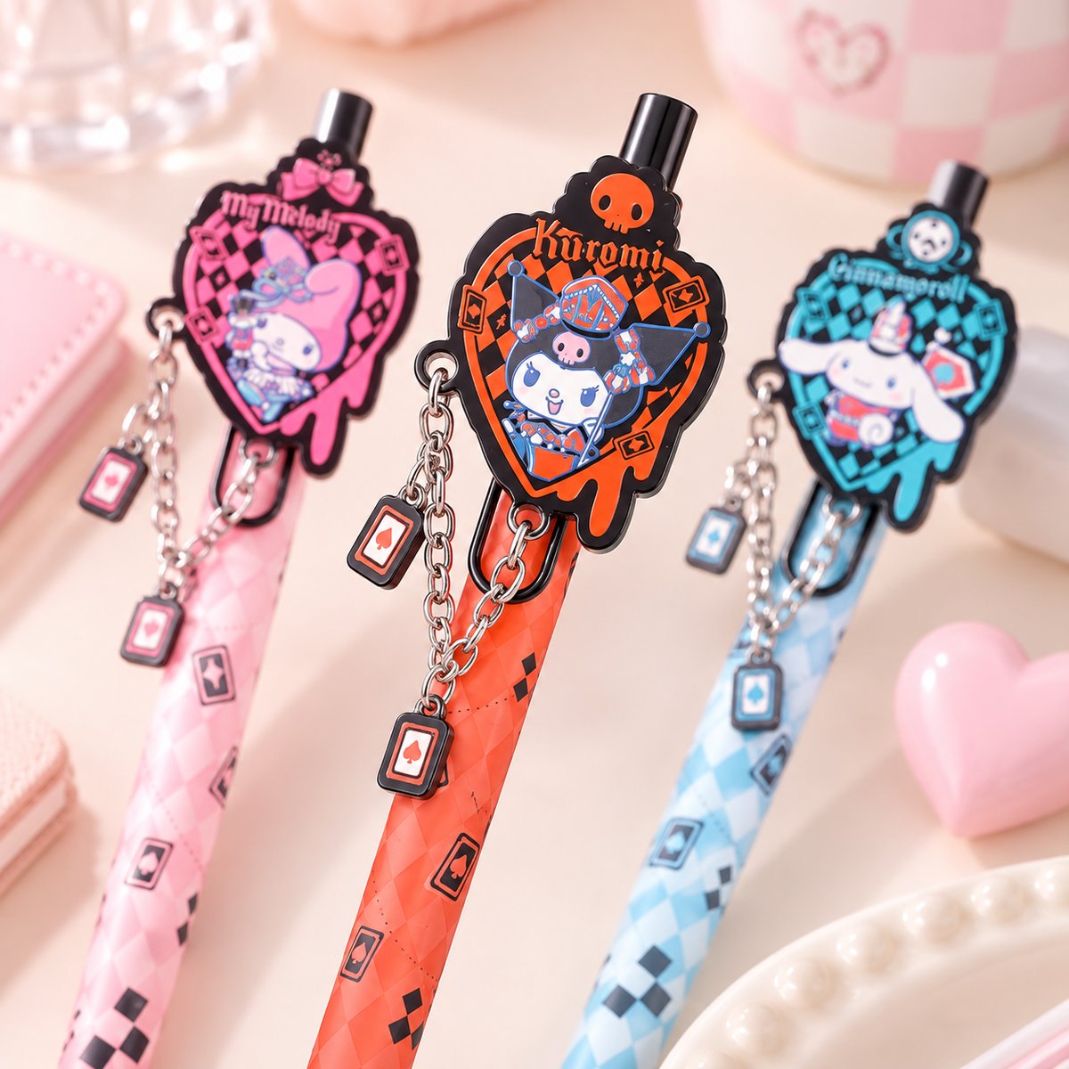  Sanrio 0.5mm Black Ink Gel Pen With Chain - 3 Assorted Designs 