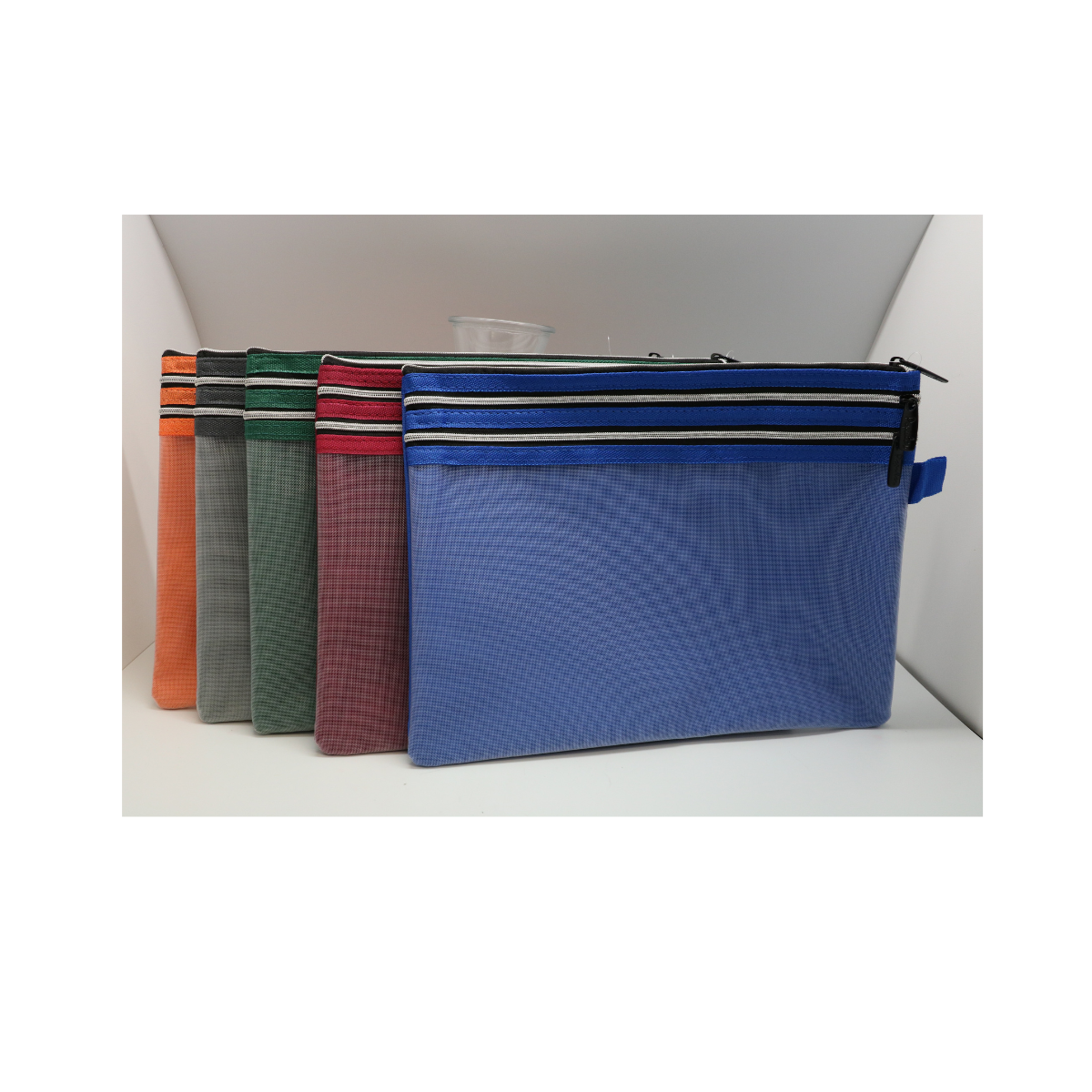 POP BAZIC Solid White Mesh 3 Zipper Pouch B6.5