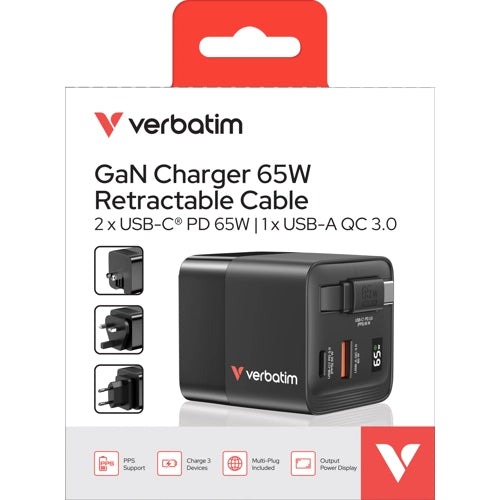 Charger Verbatim 3port 65w GaN Retractable